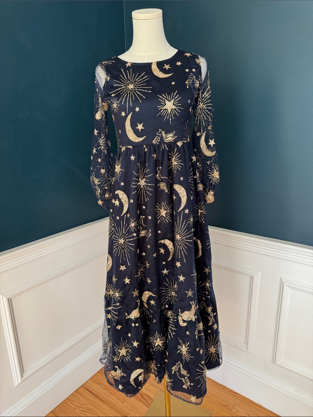 Spectacular Girls' Navy and Gold Celestial Maxi Dress